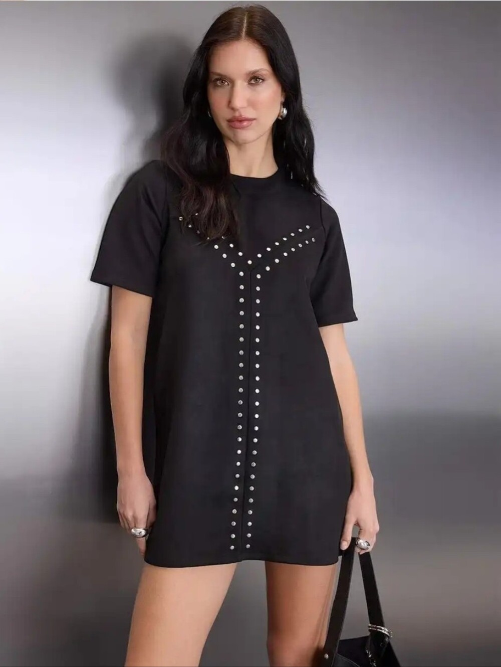Zara Faux Suede Studded Mini Dress Black Short Sleeve Size L NWT - Picture 2 of 10